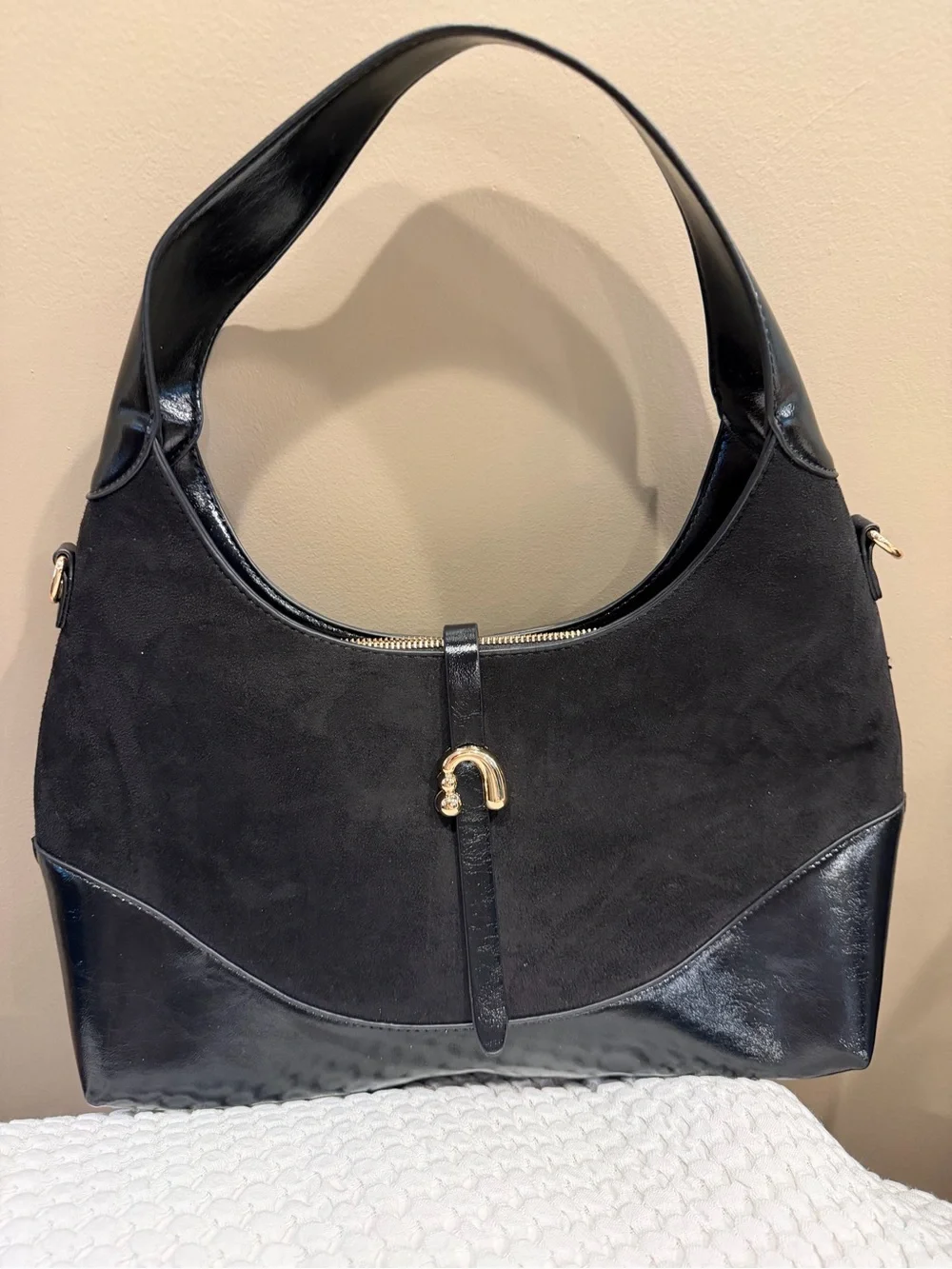 Black Suede & Leather Hobo Bag with Gold Hardware